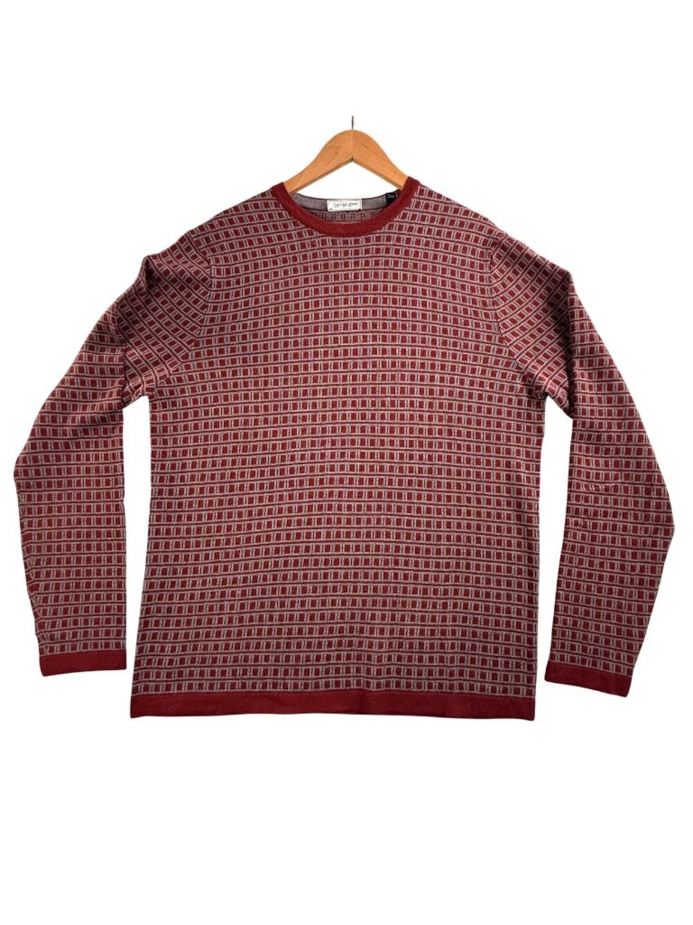 Saks Fifth Avenue Sweater Mens XL Red Silk Cashmere Crewneck Knit Geometric